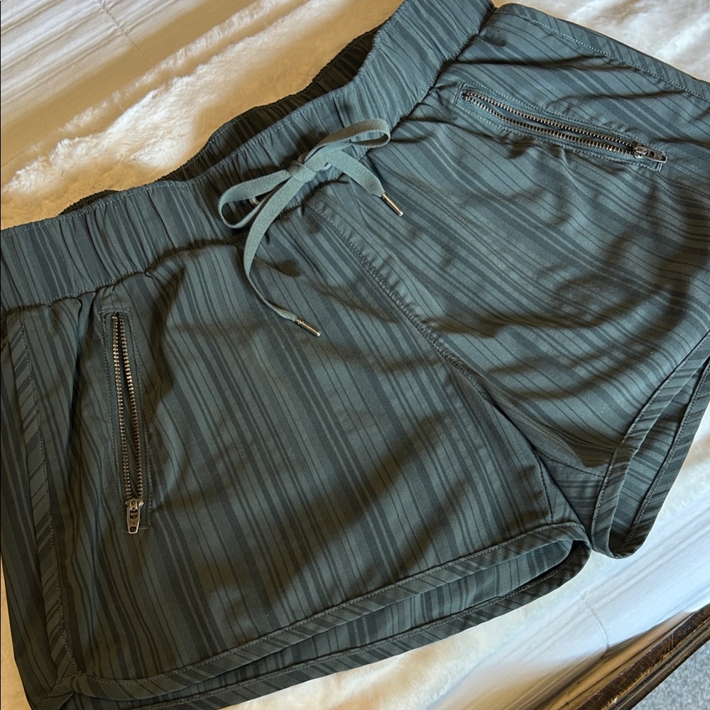 Athleta Striped Sway Medium Olive Green Drawstring Shorts